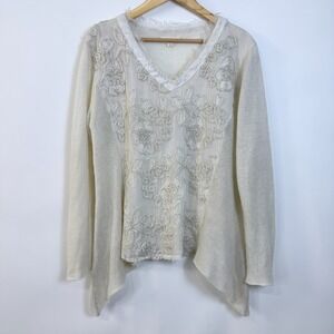 Belle France Floral‎ Applique Embroidered Knit Sweater Size S Oversized Delicate